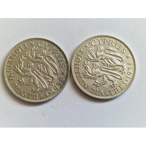 211 - 2 x Cyprus Silver Coins; 1938 King George VI Eighteen Piastre, (Each 29.8mm, 11.31g, .925 Sterling S... 