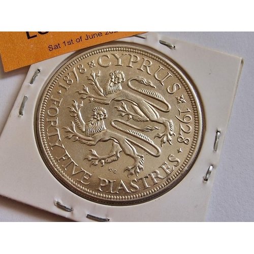 212 - Cyprus Silver Coin; 1928 King George V Forty Five Piastre, (38.7mm, 28.26g, .925 Sterling Silver), V... 