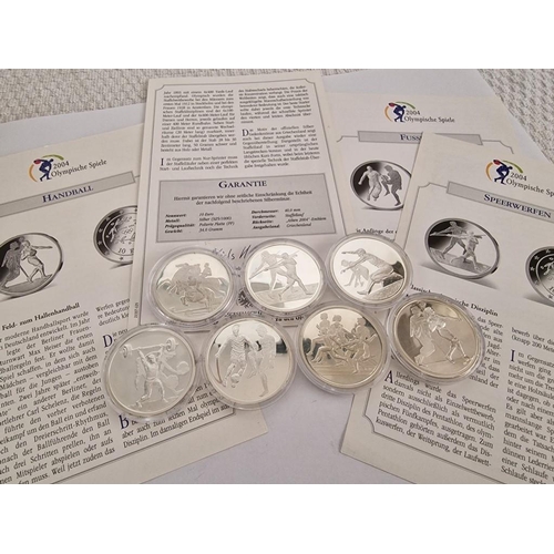 221 - Collection of 7 x Silver Proof 10 Euro 2004 Athens Olympics Coins, (Each .925 Silver, 34.0g, 40mm), ... 