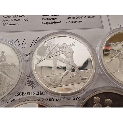 221 - Collection of 7 x Silver Proof 10 Euro 2004 Athens Olympics Coins, (Each .925 Silver, 34.0g, 40mm), ... 