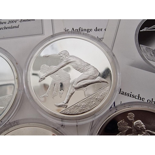 221 - Collection of 7 x Silver Proof 10 Euro 2004 Athens Olympics Coins, (Each .925 Silver, 34.0g, 40mm), ... 