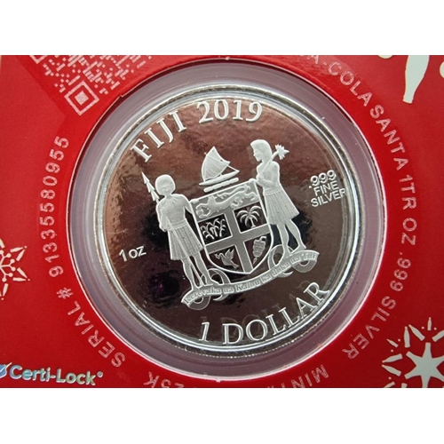 224 - 'Coca Cola Holiday Coin', Fiji, 1 Dollar, (2019) Silver Proof 1oz Coin (.999), No. 1113 of 25k, in O... 