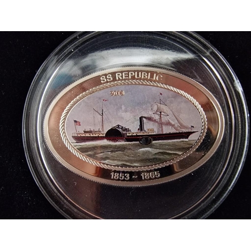 225 - 'SS Republic' Commemorative Sterling Silver Proof 5 Dollars Coin, Cook Islands, (2013), (25g, Oval S... 