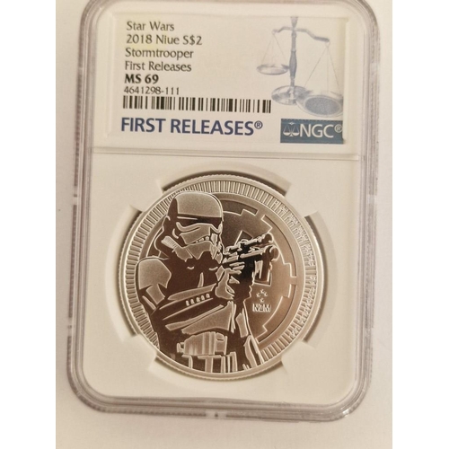 229 - Star Wars Stormtrooper Silver Proof Coin, (.999), Niue Two Dollars, (2018), Slabbed by NGC & MS69, S... 