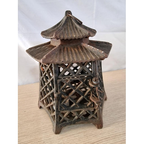 24 - Vintage Cast Iron Pagoda Style Outside Lantern, (Approx. 24 x 20cm)