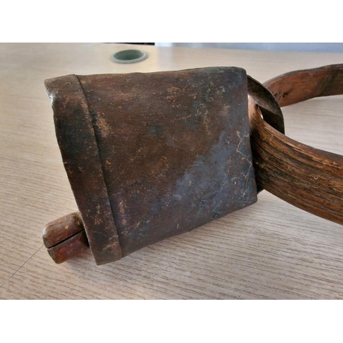 25 - Antique French Large Cow Bell with Wooden Striker and Collar, (Approx. H: 16cm Bell)