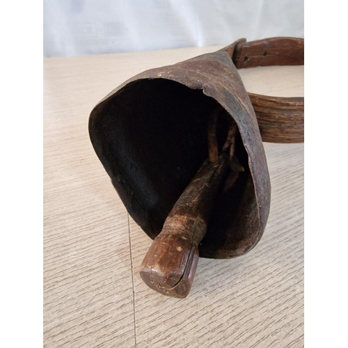 25 - Antique French Large Cow Bell with Wooden Striker and Collar, (Approx. H: 16cm Bell)