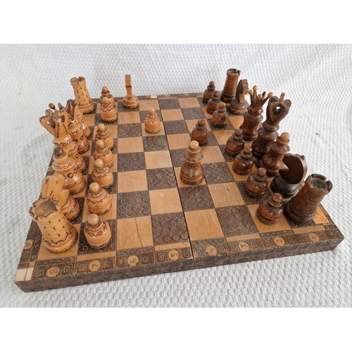 29 - Wooden Chess Set with Decorative Folding Wooden Board, (Approx. 42 x 41cm)