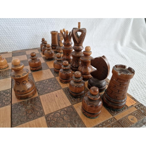 29 - Wooden Chess Set with Decorative Folding Wooden Board, (Approx. 42 x 41cm)