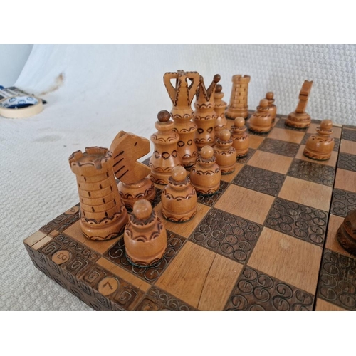 29 - Wooden Chess Set with Decorative Folding Wooden Board, (Approx. 42 x 41cm)