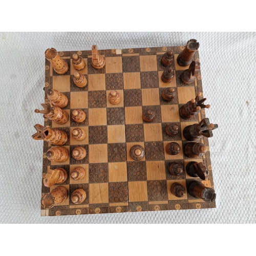 29 - Wooden Chess Set with Decorative Folding Wooden Board, (Approx. 42 x 41cm)