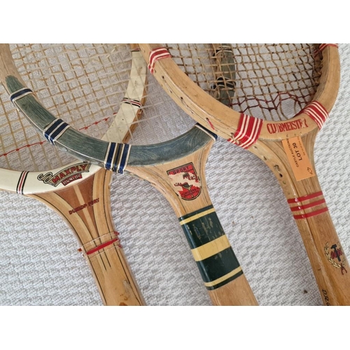 30 - 3 x Vintage Wooden Tennis Rackets, (3)