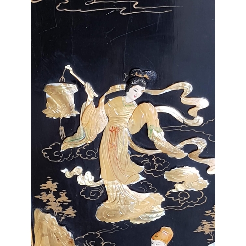 324 - Daily Life Scene  - Asian Black Lacquered Wood Wall Panel with Mother of Pearl, Gilded Picture (30.5... 