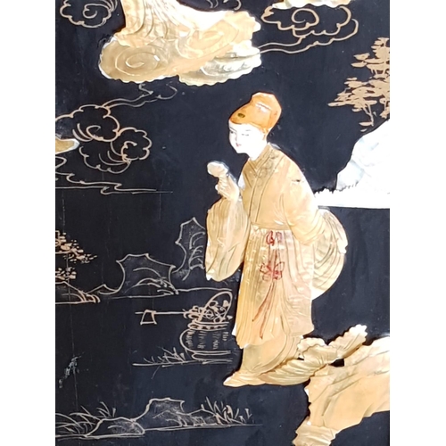 324 - Daily Life Scene  - Asian Black Lacquered Wood Wall Panel with Mother of Pearl, Gilded Picture (30.5... 