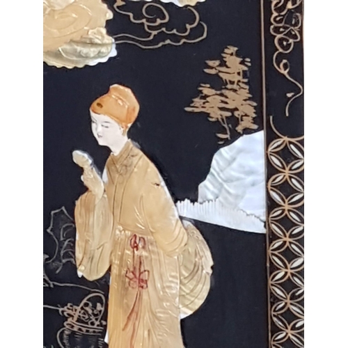 324 - Daily Life Scene  - Asian Black Lacquered Wood Wall Panel with Mother of Pearl, Gilded Picture (30.5... 