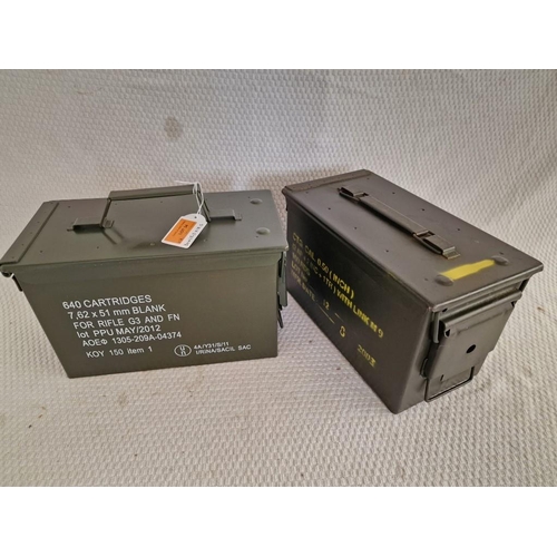 34 - 2 x Metal Ammunition Boxes, Green Finish, with Hinged Lid, (Approx. 30 x 15,5 x 18.5cm), (2)