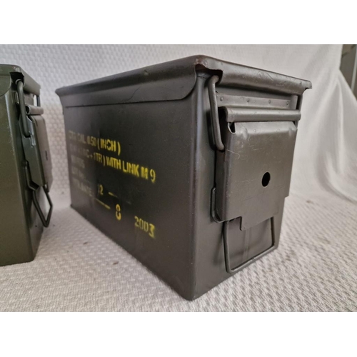 34 - 2 x Metal Ammunition Boxes, Green Finish, with Hinged Lid, (Approx. 30 x 15,5 x 18.5cm), (2)