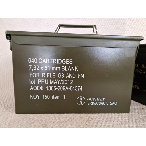 34 - 2 x Metal Ammunition Boxes, Green Finish, with Hinged Lid, (Approx. 30 x 15,5 x 18.5cm), (2)