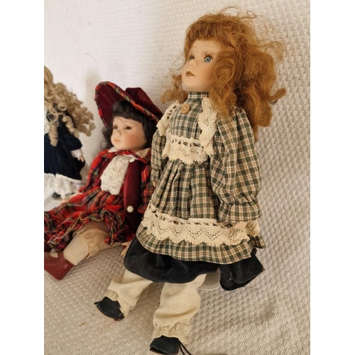 384 - 3 x Porcelain Dolls in Victorian Style Dress; 2 x Standing and 1 x Seated, (Approx. Max. H: 35cm), (... 