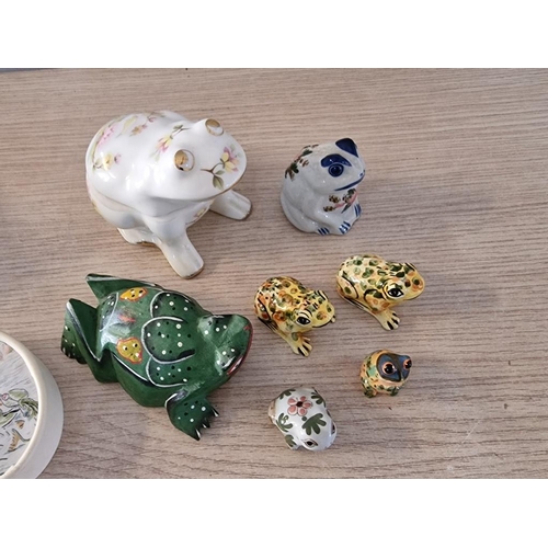 46 - 7 x Porcelain Frog Ornaments (Incl. 1 x Imari), 1 x Wooden Frog and 1 x Embroidered Frog Picture, (9... 