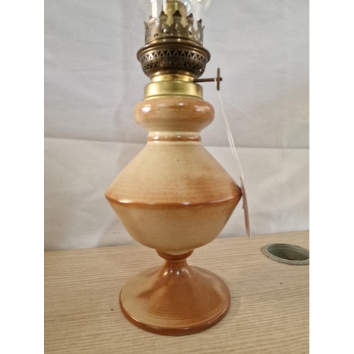 48 - Rare Porcelain Oil Lamp 'Whatt's by Vincent Cadeaux' Complete with Glass Funnel, (Approx. H: 50cm)