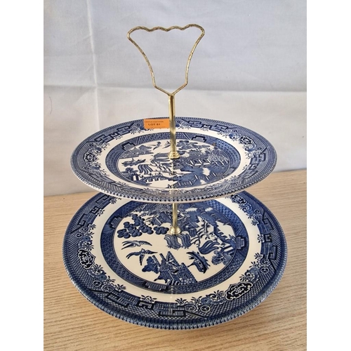 51 - Staffordshire 2-Tier Cake Stand with Blue & White Willow Pattern Plates, (Approx. 26 x 23cm Overall)