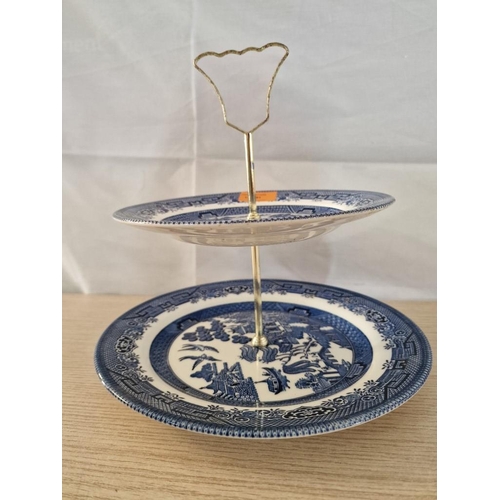 51 - Staffordshire 2-Tier Cake Stand with Blue & White Willow Pattern Plates, (Approx. 26 x 23cm Overall)