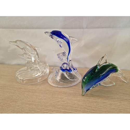 54 - Heavy Clear Glass Dolphin Ornament (13cm), Blue & Clear Glass Dolphin (15.5cm) and Blue & Green Glas... 