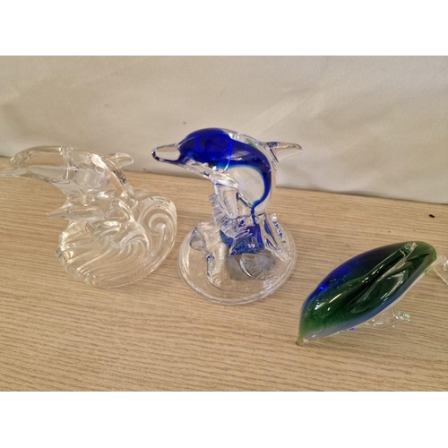 54 - Heavy Clear Glass Dolphin Ornament (13cm), Blue & Clear Glass Dolphin (15.5cm) and Blue & Green Glas... 