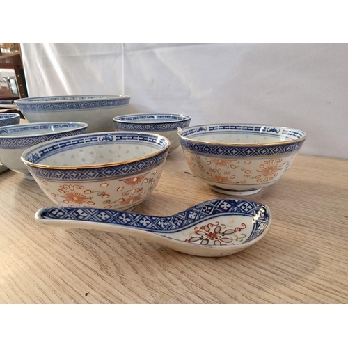 56 - Rice Eye Chinese Porcelain; Large Bowl (20cm), 6 x Bowls (11cm) and 4 x Spoons, (11)