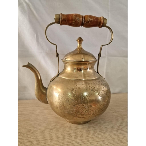 61 - Indian Brass Etched Pattern Kettle with Wooden Handle, (Approx. 30 x 25cm Overall)