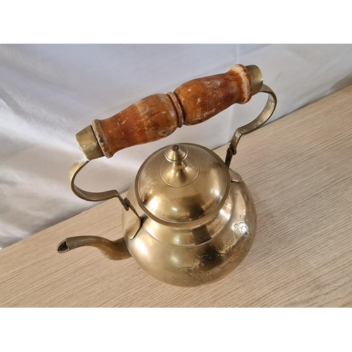 61 - Indian Brass Etched Pattern Kettle with Wooden Handle, (Approx. 30 x 25cm Overall)