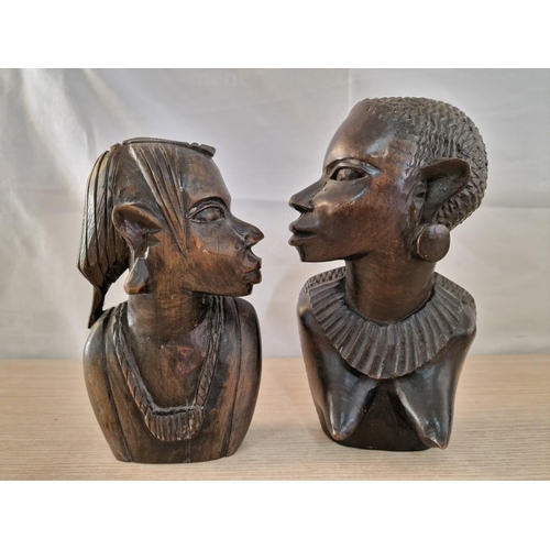 63 - 2 x African Carvings in Hard Wood, (Approx. H: 20 and 23cm), (2)