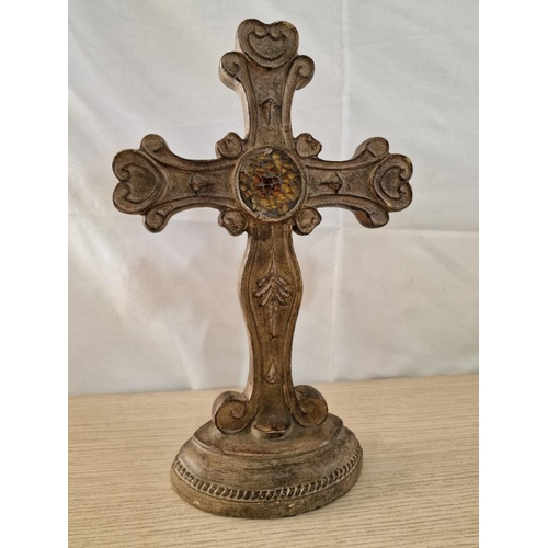 64 - Carved Wooden Reliquary Cross, (Approx. 30 x 19cm Overall)