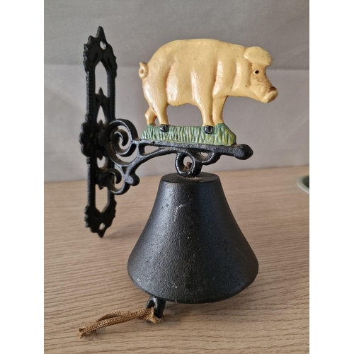 71 - Vintage Cast Iron Wall Hanging Bell with Pig, (Approx. 20 x 16cm Overall)