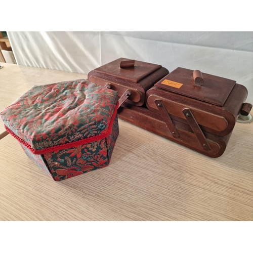 73 - Art Deco Wooden Cantilever Sewing Box with Contents (Approx. 31 x 17cm), Together with Hexagonal Fab... 