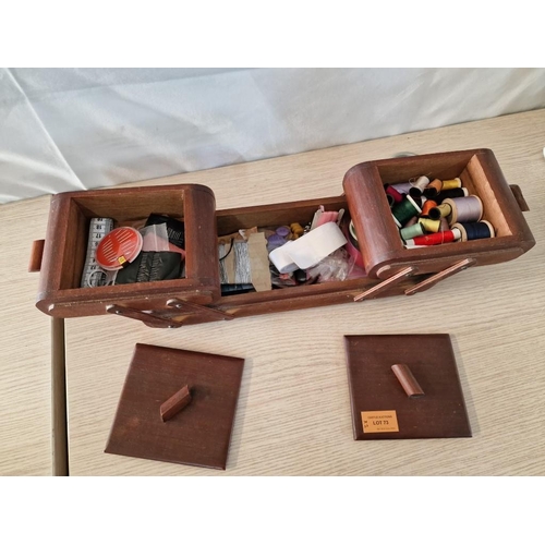 73 - Art Deco Wooden Cantilever Sewing Box with Contents (Approx. 31 x 17cm), Together with Hexagonal Fab... 