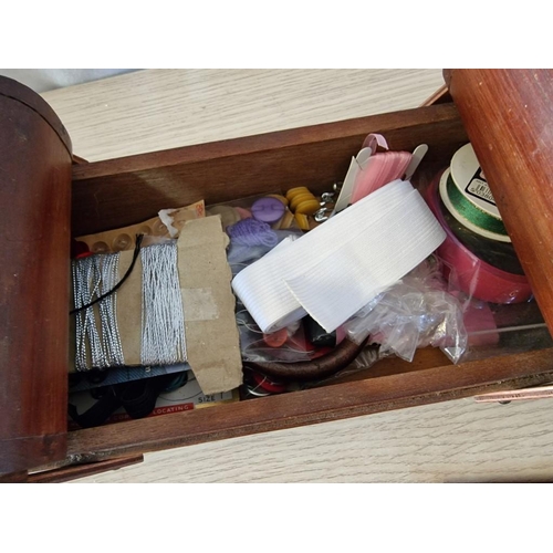 73 - Art Deco Wooden Cantilever Sewing Box with Contents (Approx. 31 x 17cm), Together with Hexagonal Fab... 