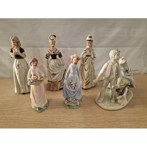 78 - 5 x Porcelain Lady Figurines (H: 17 - 20cm), Together with Lladro Style Porcelain Figurine of Boy & ... 