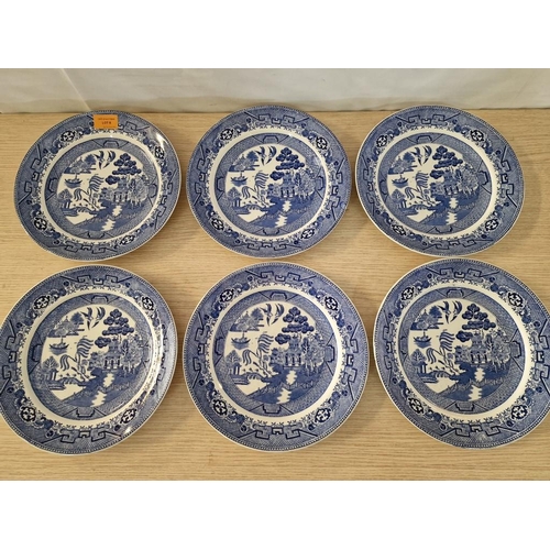 8 - 6 x Blue & White Willow Pattern Dinner Plates, (Approx. 25cm)