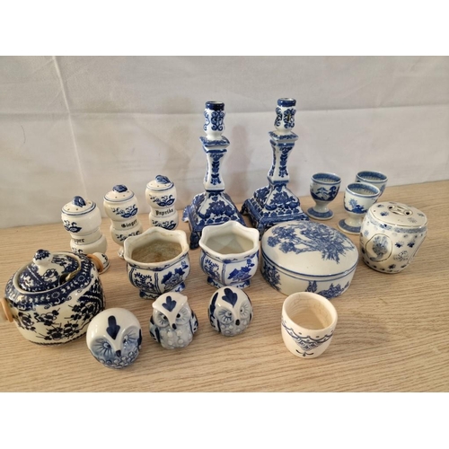 9 - 17 x Pieces of Blue & White Porcelain; 4 x Egg Cups, 3 x Owls, 3 x Herb Holders, Pair of Small Pot H... 