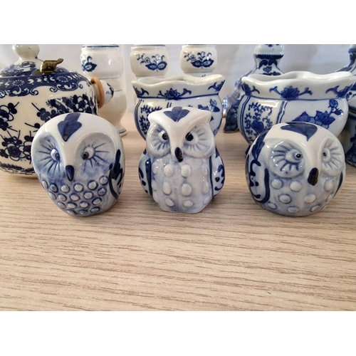 9 - 17 x Pieces of Blue & White Porcelain; 4 x Egg Cups, 3 x Owls, 3 x Herb Holders, Pair of Small Pot H... 