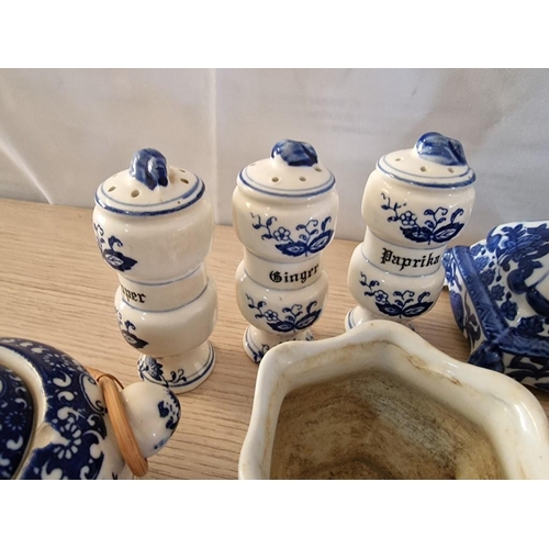 9 - 17 x Pieces of Blue & White Porcelain; 4 x Egg Cups, 3 x Owls, 3 x Herb Holders, Pair of Small Pot H... 