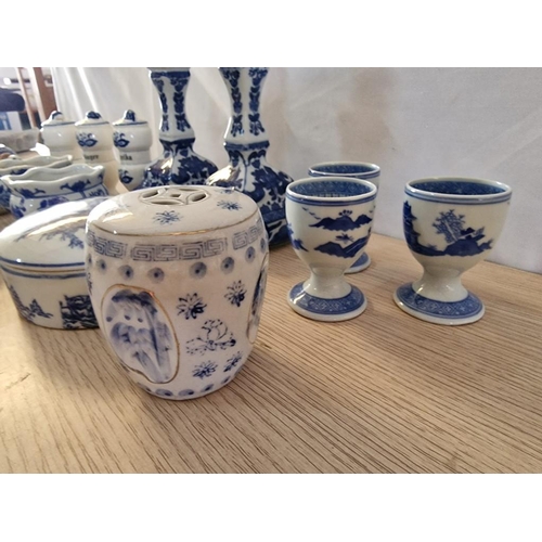 9 - 17 x Pieces of Blue & White Porcelain; 4 x Egg Cups, 3 x Owls, 3 x Herb Holders, Pair of Small Pot H... 