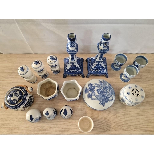 9 - 17 x Pieces of Blue & White Porcelain; 4 x Egg Cups, 3 x Owls, 3 x Herb Holders, Pair of Small Pot H... 