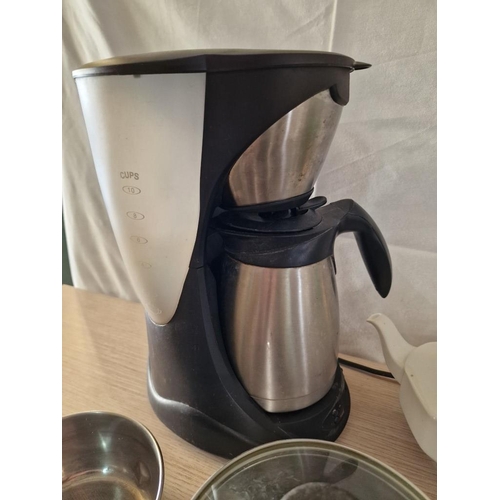 446 - Box with Large Qty of Assorted Kitchen Items; Coffee Machine, Electric Mixer, Saucepans, Tea Pot, Co... 