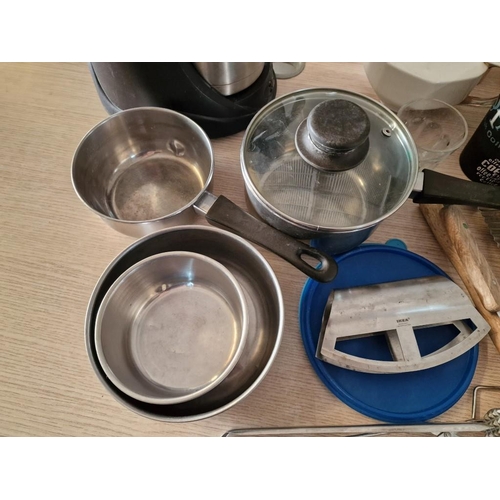 446 - Box with Large Qty of Assorted Kitchen Items; Coffee Machine, Electric Mixer, Saucepans, Tea Pot, Co... 