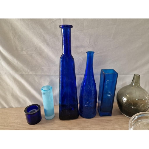 447 - Collection of Coloured Glass Vases, Large Clear Glass Jug, Leaded Glass Pot, Porcelain Twin Vase and... 