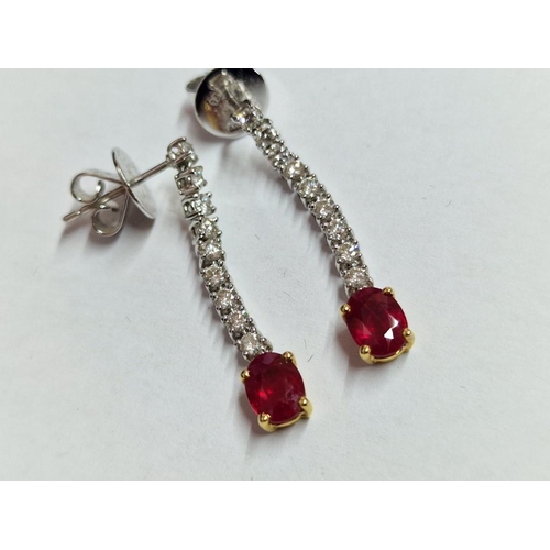 113 - Modern / Elegant 18ct Two-Tone Gold, Diamond and Ruby Earrings, (Approx. H: 32mm, Weight 4.4g)