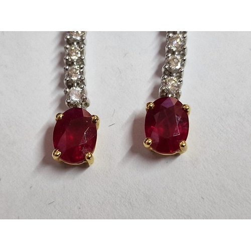 113 - Modern / Elegant 18ct Two-Tone Gold, Diamond and Ruby Earrings, (Approx. H: 32mm, Weight 4.4g)